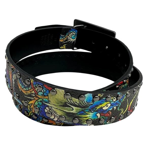 Ed Hardy Men's Dragon Tattoo Rivet Studs Black Belt With Plaque Buckle - Picture 3 of 6